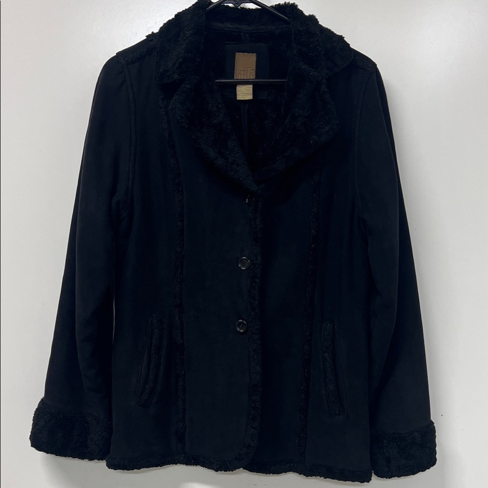 TILT Black Jacket with Faux Suede / Faux Fur Trim, Size Large